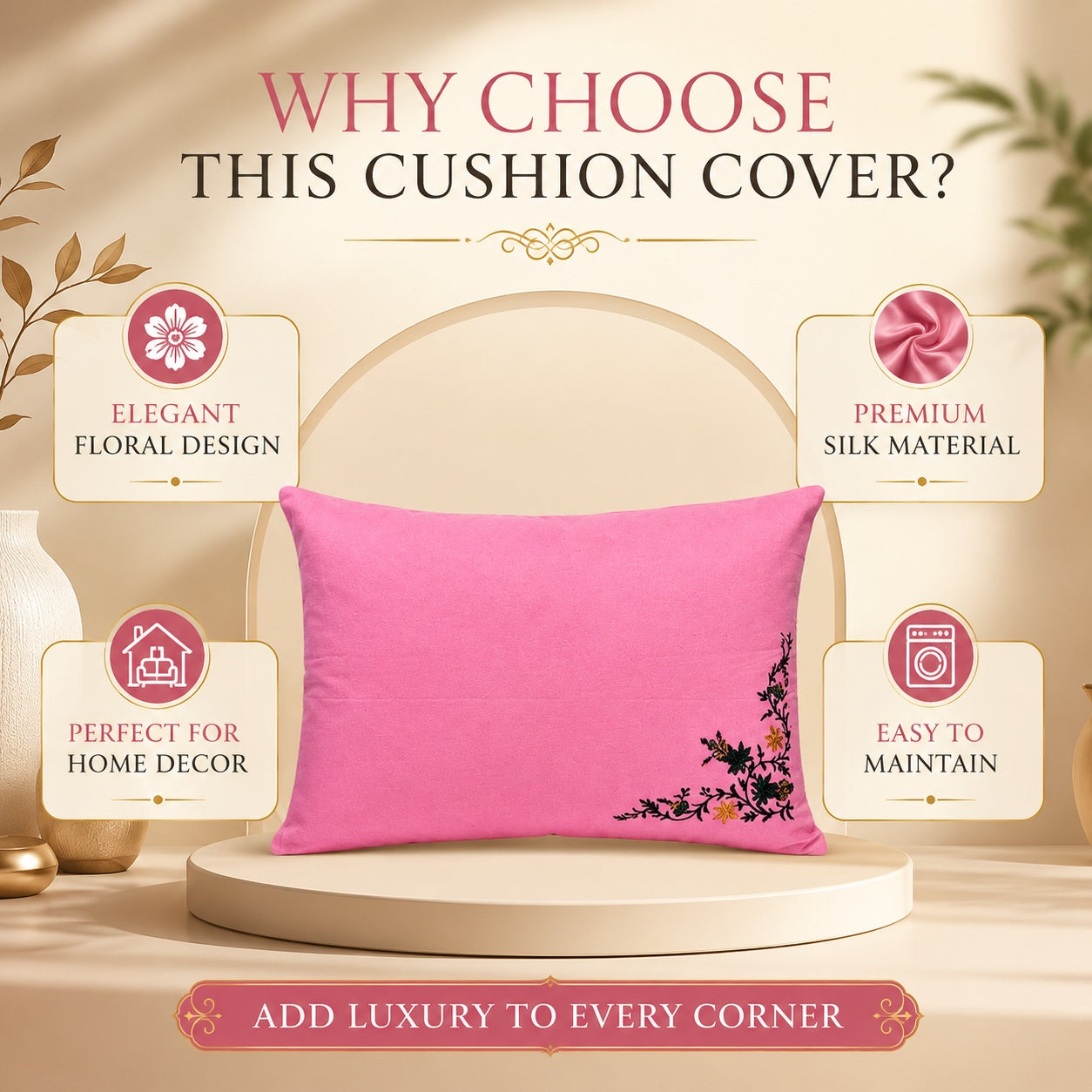 Luxury Floral Embroidered Silk pillow Covers – 27 \times 17 Inch Rectangular Pillowcases (Pack of 2, Vibrant Pink)