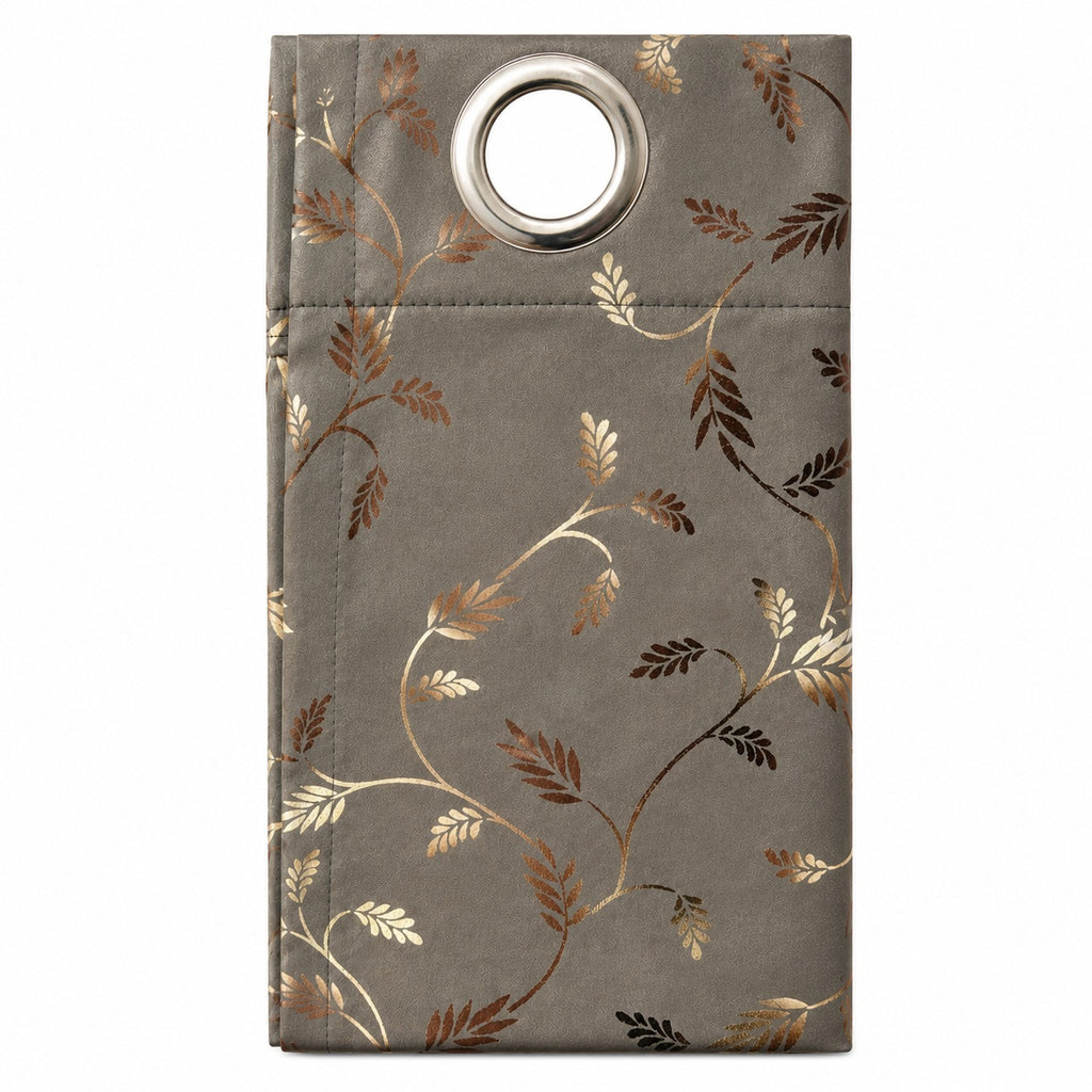 Premium Metallic Foil Leaf Print Curtains – Charcoal Grey Light Filtering Drapes (pack of 2)