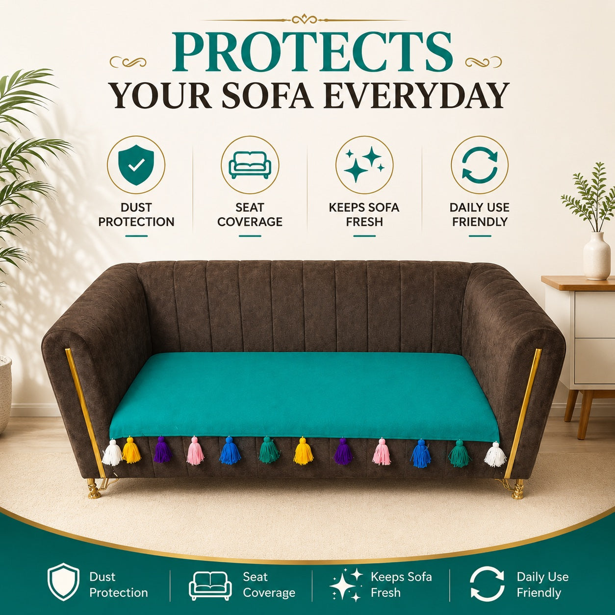 Premium Cotton 3-Seater Sofa Cover with Colorful Tassel Trim – Breathable & Durable Couch Protector