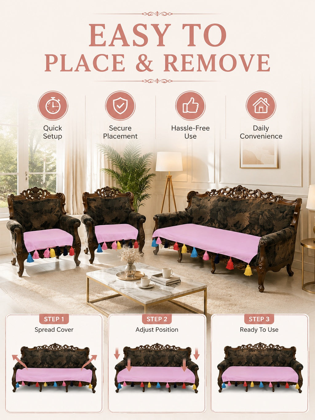 Aesthetic Pastel Pink 5-Seater Sofa Seat Cover Set – Smooth, Gentle on Skin Fabric Protector with Colorful Fringe Accents