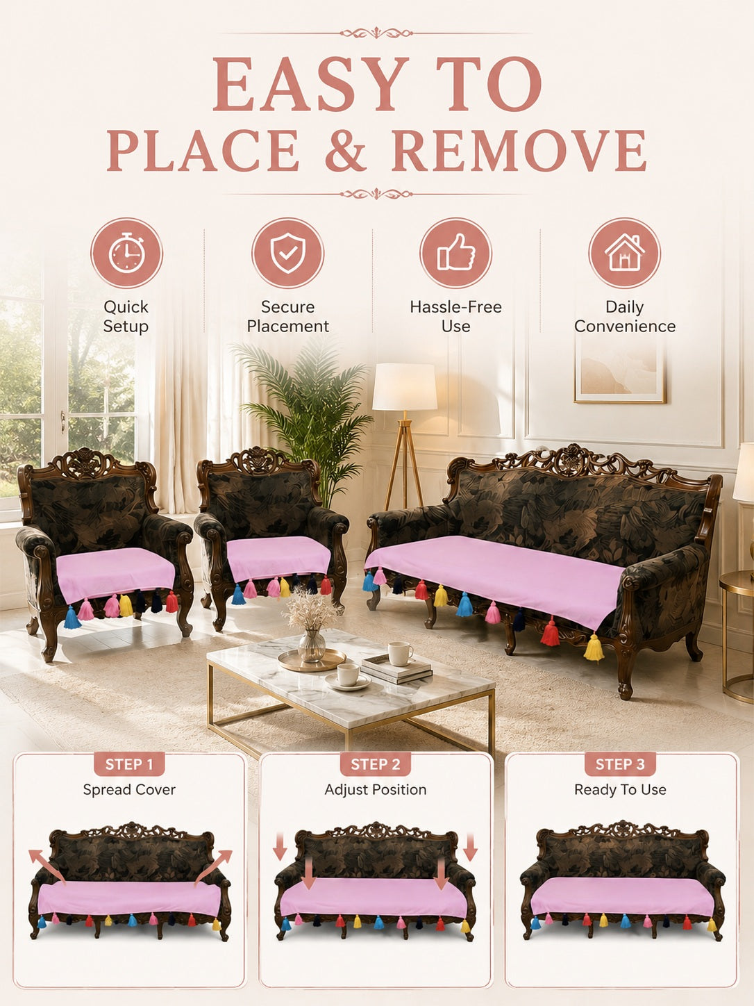 Aesthetic Pastel Pink 5-Seater Sofa Seat Cover Set – Smooth, Gentle on Skin Fabric Protector with Colorful Fringe Accents