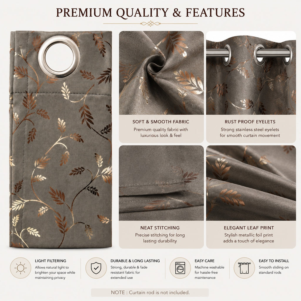 Premium Metallic Foil Leaf Print Curtains – Charcoal Grey Light Filtering Drapes (pack of 2)