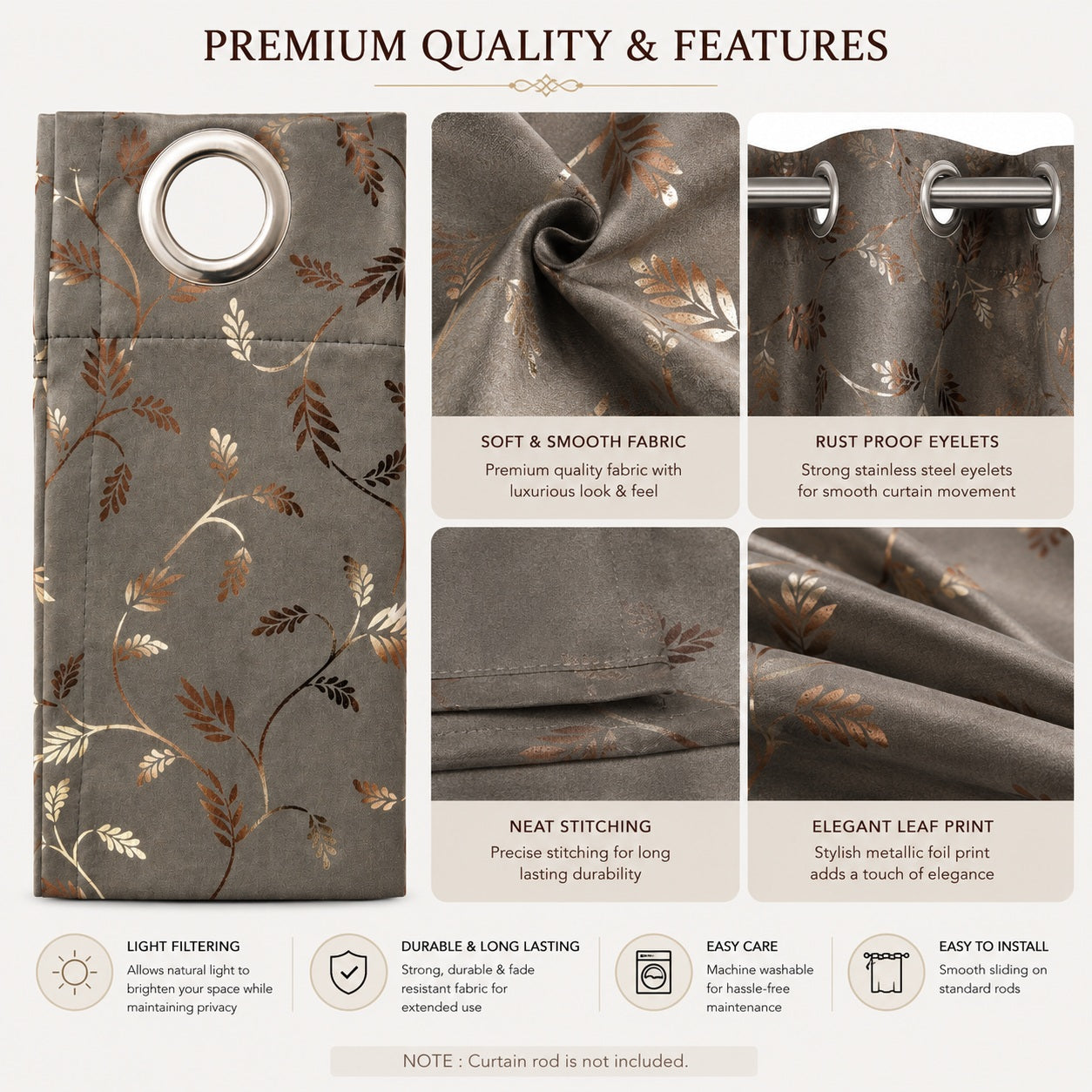 Premium Metallic Foil Leaf Print Curtains – Charcoal Grey Light Filtering Drapes (pack of 2)
