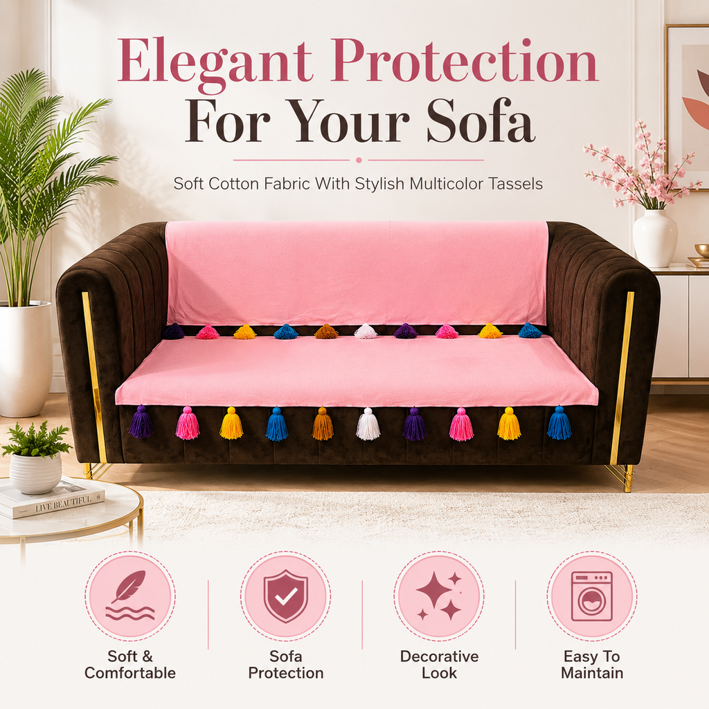 Premium Pink 3-Seater Sofa Cover Set with Multicolor Boho Tassels – Soft Cotton Anti-Slip Furniture Shield