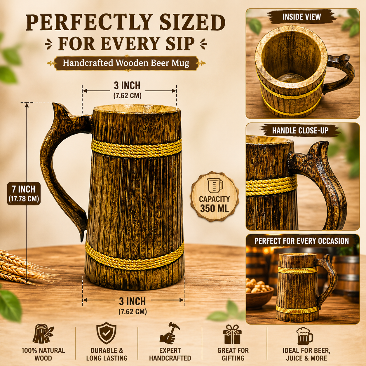 Premium Handcrafted Wooden Beer Mug – 500ml Rustic Tankard for Beer, Coffee & Tea