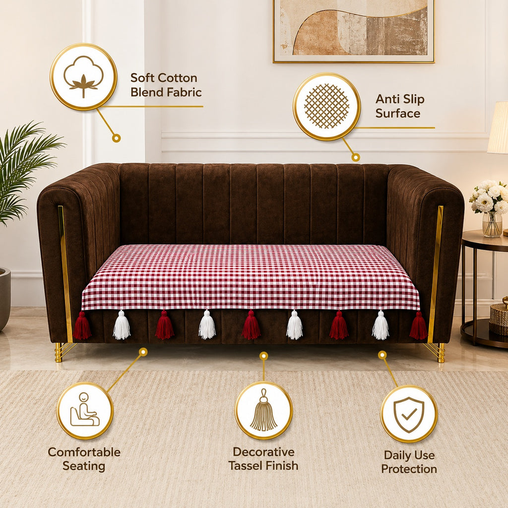 Premium Gingham Checkered Sofa Cushion Cover with Decorative Tassels – Non-Slip Cotton Blend Couch Protector Mat