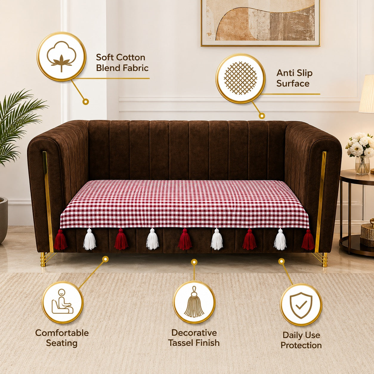 Premium Gingham Checkered Sofa Cushion Cover with Decorative Tassels – Non-Slip Cotton Blend Couch Protector Mat