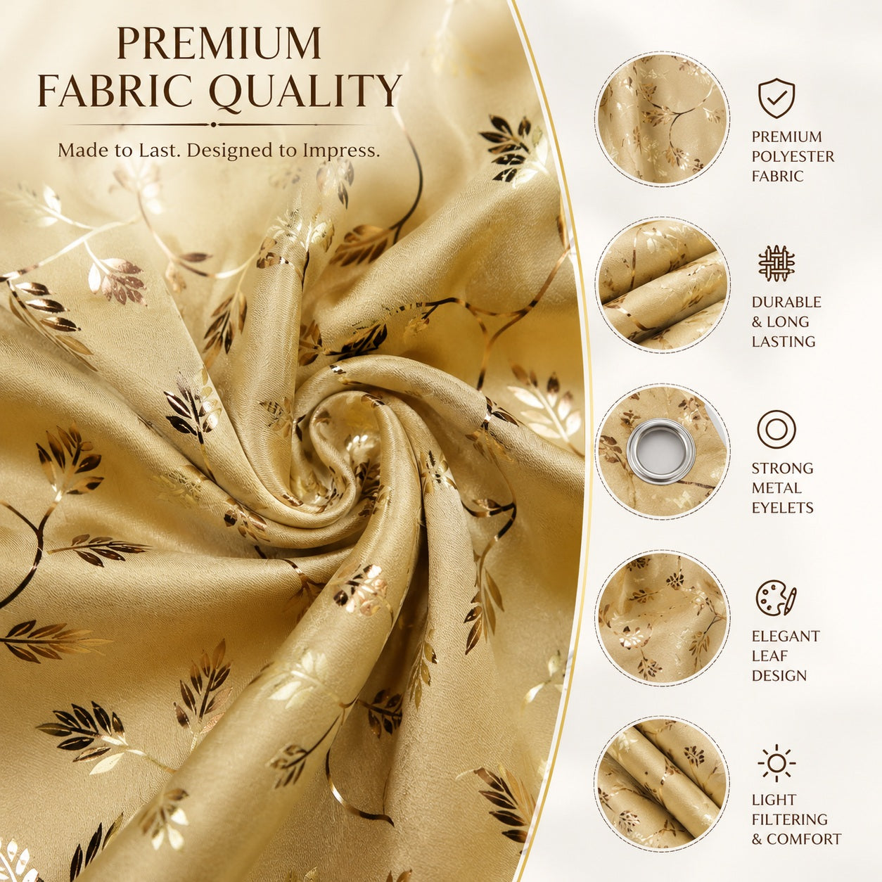 Premium Metallic Gold Foil Leaf Print Curtains – Beige & Gold Light Filtering Drapes