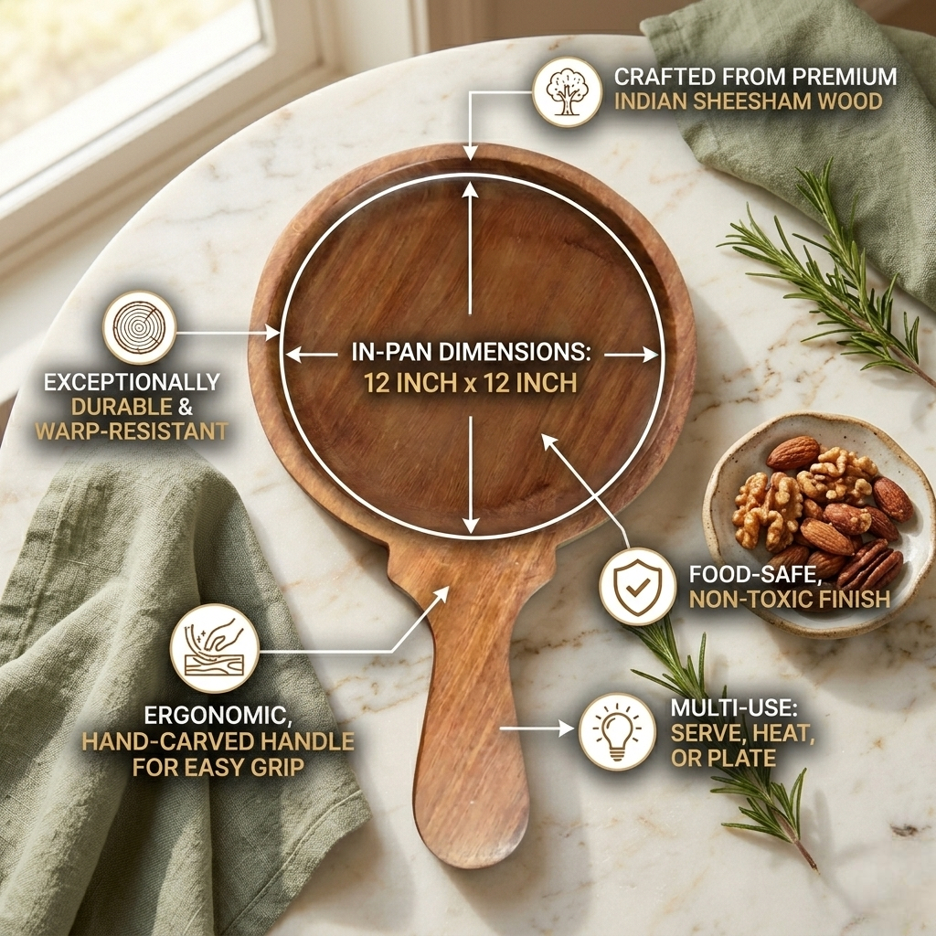 Premium Sheesham Wood Pizza Platter and Charcuterie Board – 12-Inch Round Wooden Serving Tray with Handle