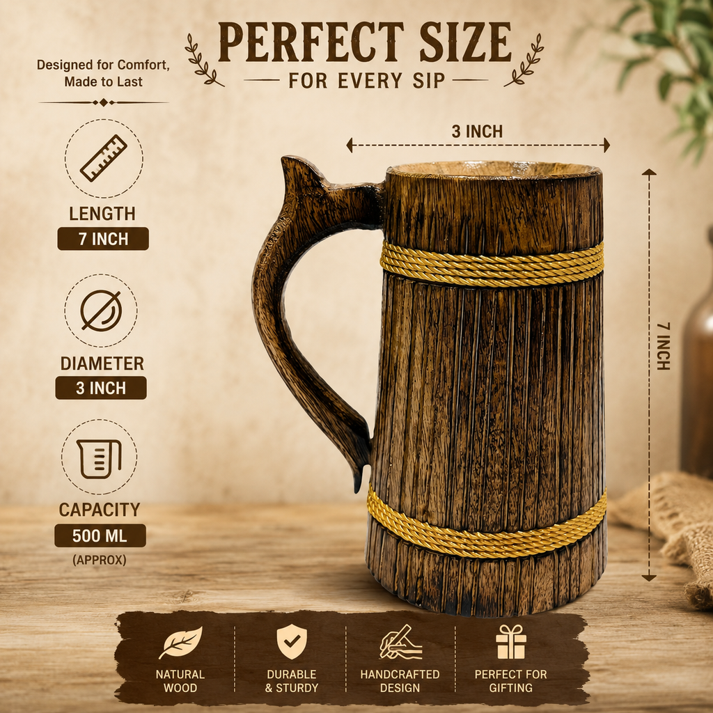 Premium Handcrafted Wooden Beer Mug – 500ml Rustic Tankard for Beer, Coffee & Tea