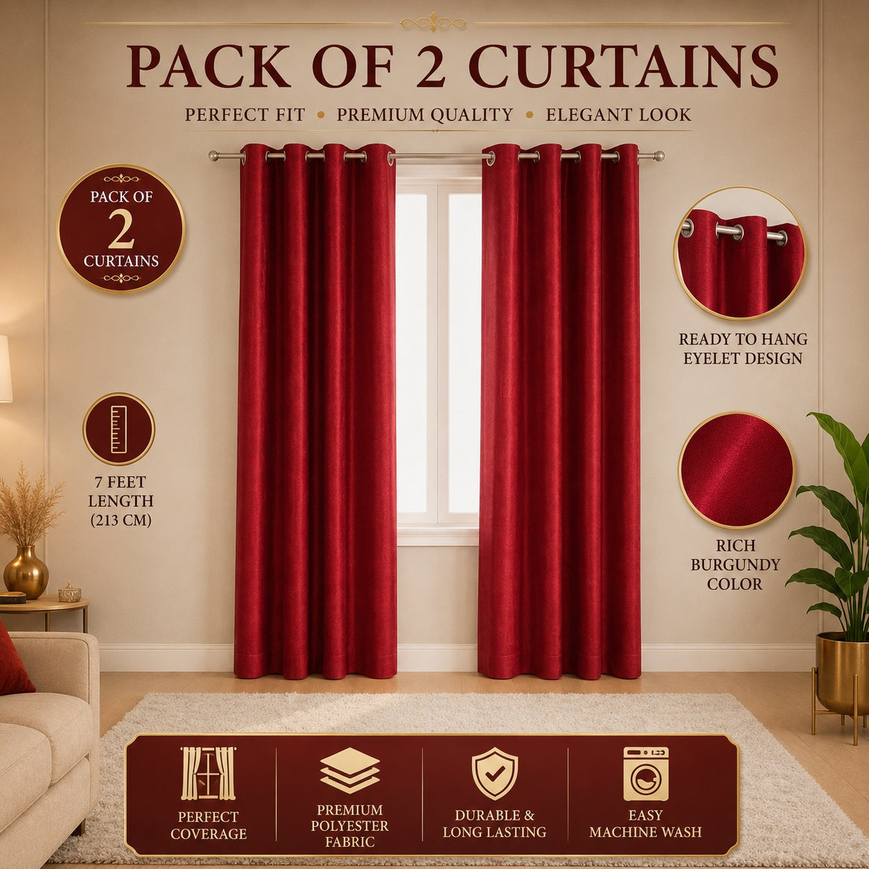 Luxury Burgundy Room Darkening Eyelet Curtains – 7ft (Pack of 2)