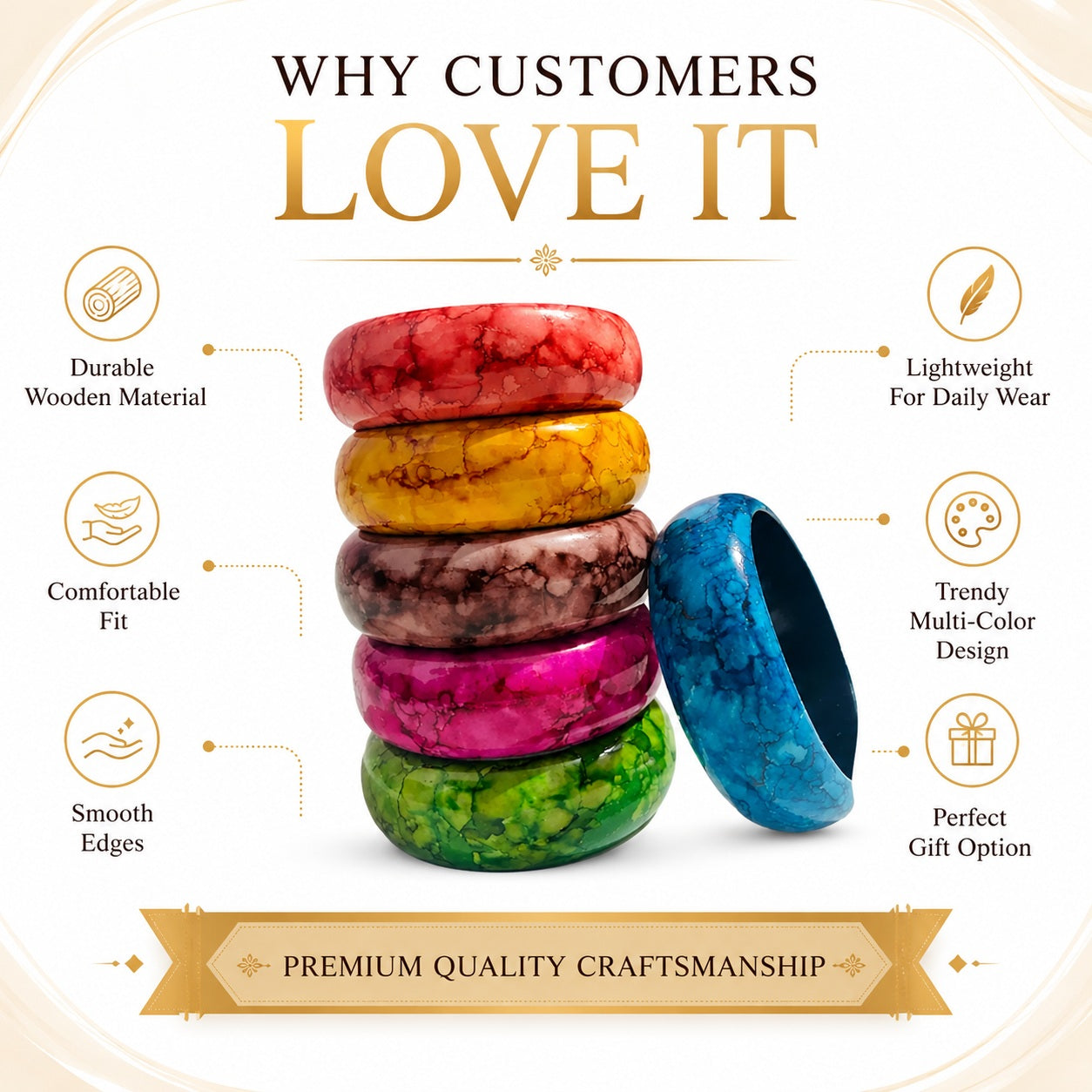 Premium Multi-Color Wooden Bangle Set – 2.5 Inch Glossy Kada Set (Pack of 6)