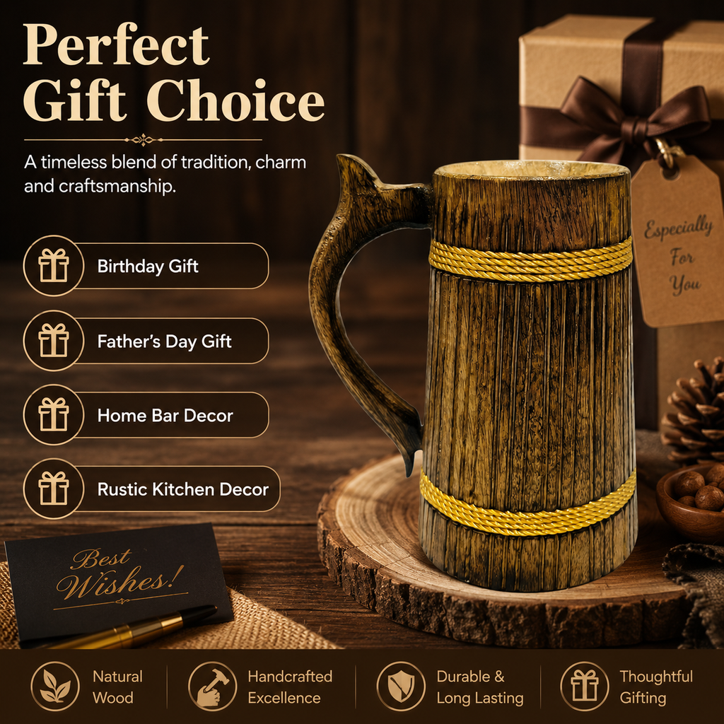 Premium Handcrafted Wooden Beer Mug – 500ml Rustic Tankard for Beer, Coffee & Tea
