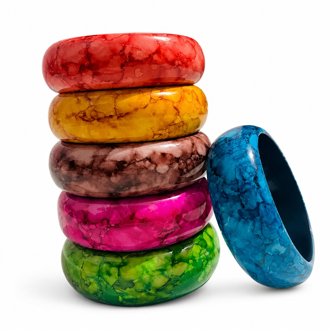 Premium Multi-Color Wooden Bangle Set – 2.5 Inch Glossy Kada Set (Pack of 6)