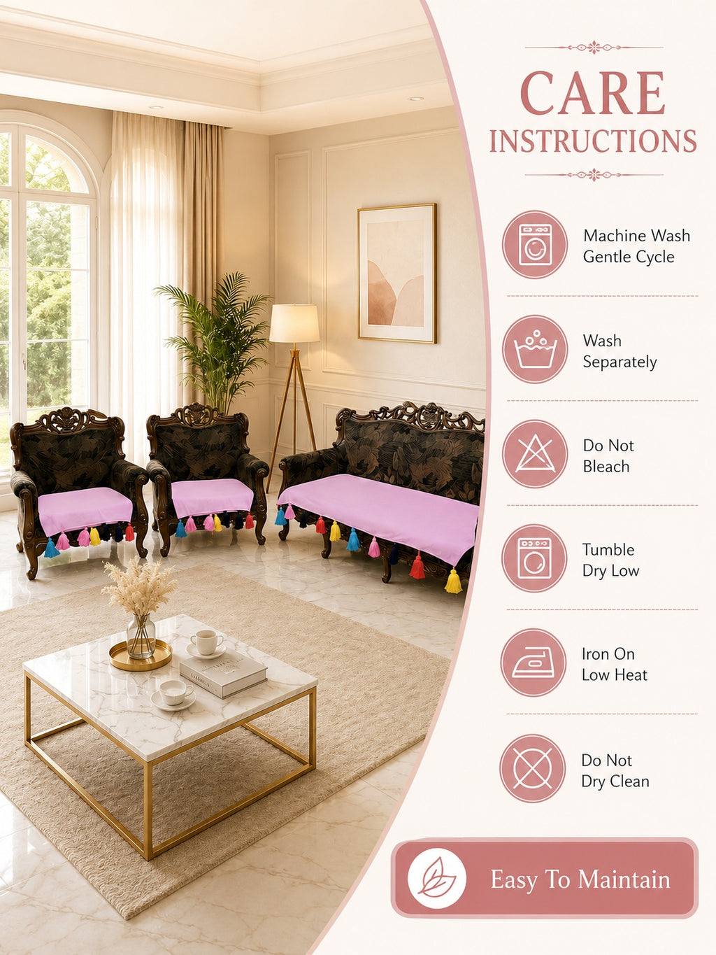 Aesthetic Pastel Pink 5-Seater Sofa Seat Cover Set – Smooth, Gentle on Skin Fabric Protector with Colorful Fringe Accents