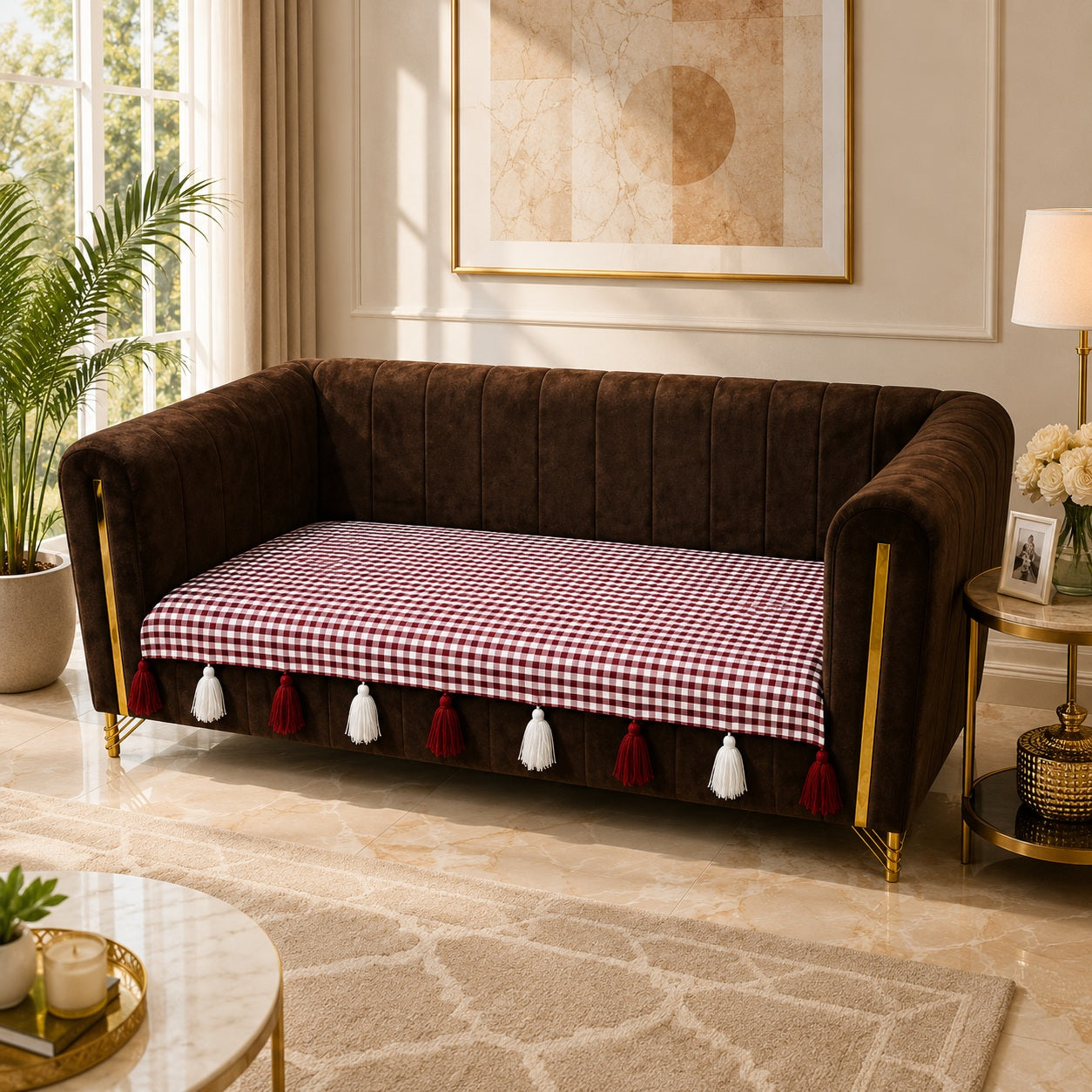 Premium Gingham Checkered Sofa Cushion Cover with Decorative Tassels – Non-Slip Cotton Blend Couch Protector Mat