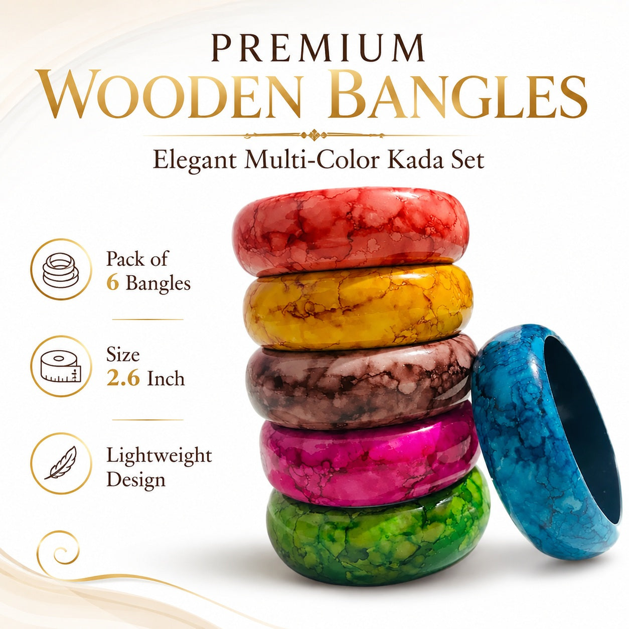 Premium Multi-Color Wooden Bangle Set – 2.5 Inch Glossy Kada Set (Pack of 6)