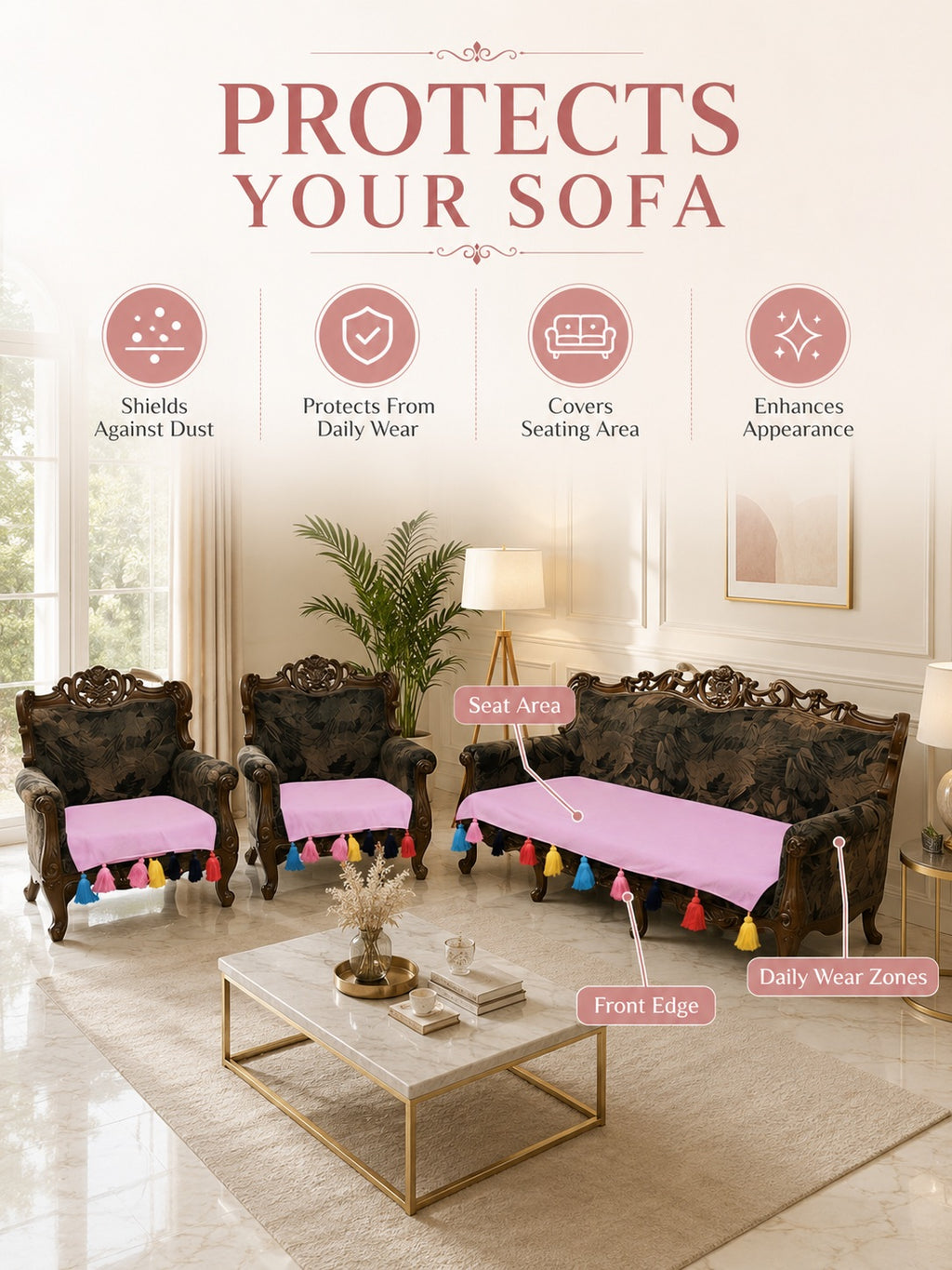 Aesthetic Pastel Pink 5-Seater Sofa Seat Cover Set – Smooth, Gentle on Skin Fabric Protector with Colorful Fringe Accents