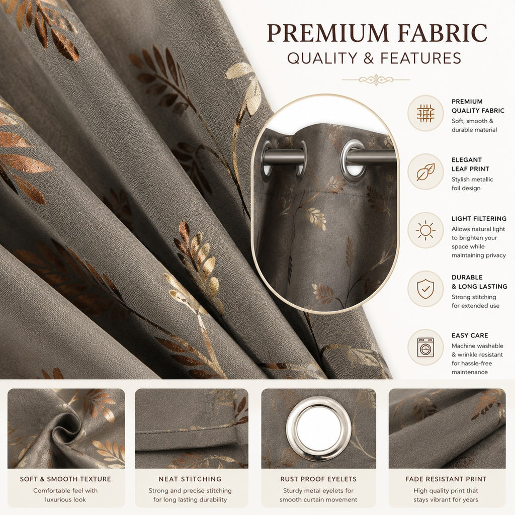 Premium Metallic Foil Leaf Print Curtains – Charcoal Grey Light Filtering Drapes (pack of 2)
