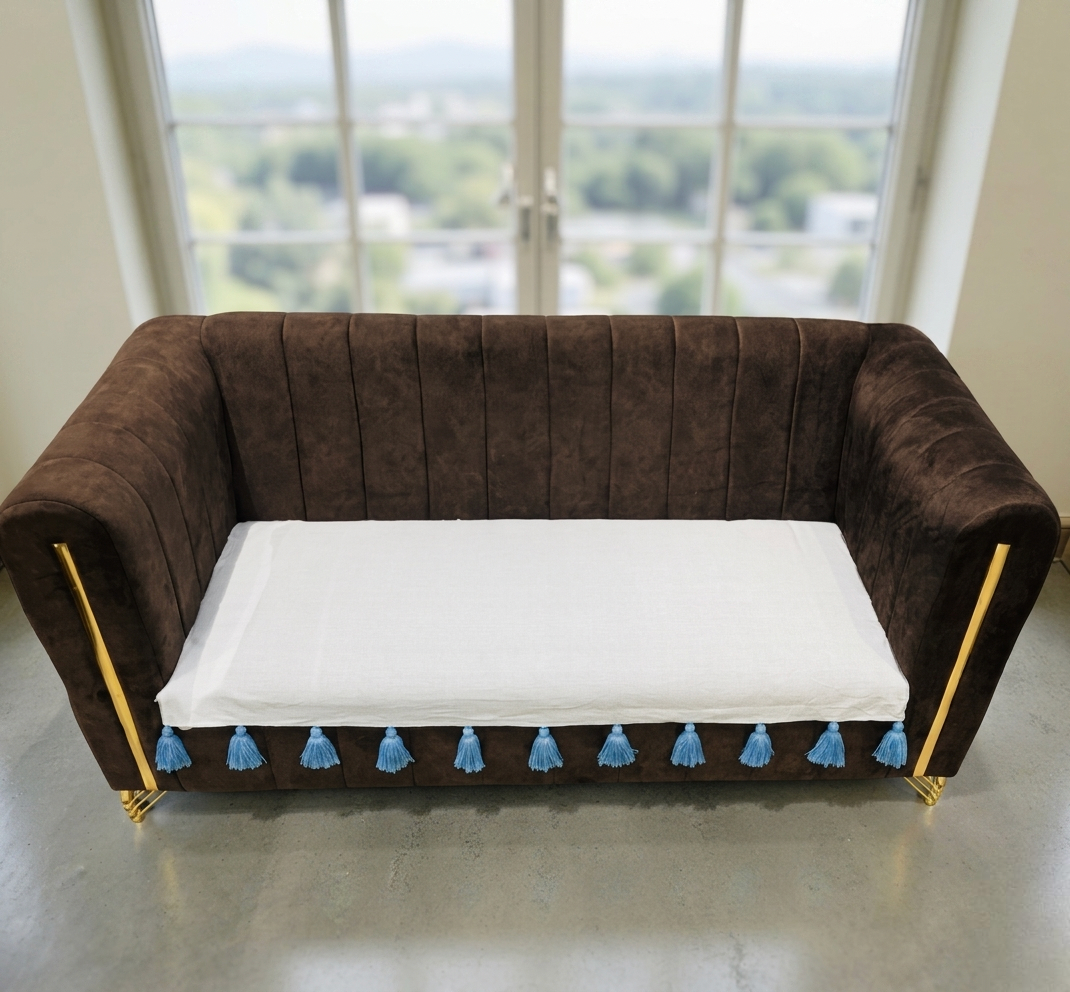 Premium Pure Cotton 3-Seater Sofa Cover – Aesthetic Crisp White Throw with Sky Blue Tassels