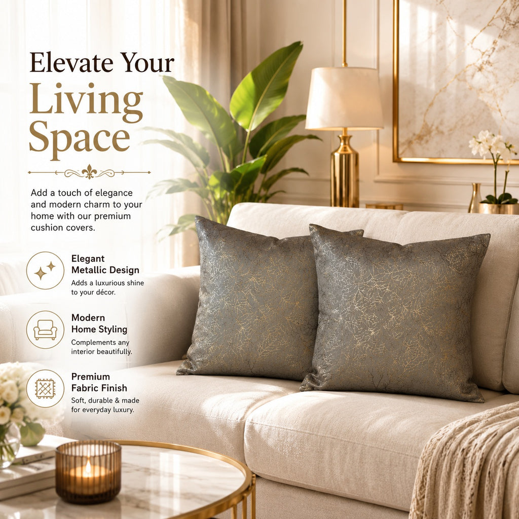 Premium Metallic Leaf Pattern Cushion Covers – 40x40 cm (Pack of 2)