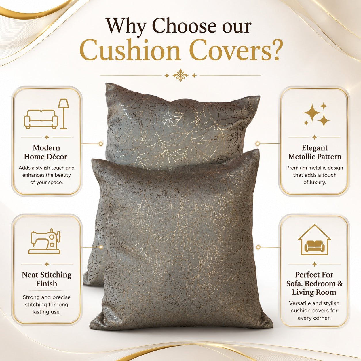 Premium Metallic Leaf Pattern Cushion Covers – 40x40 cm (Pack of 2)