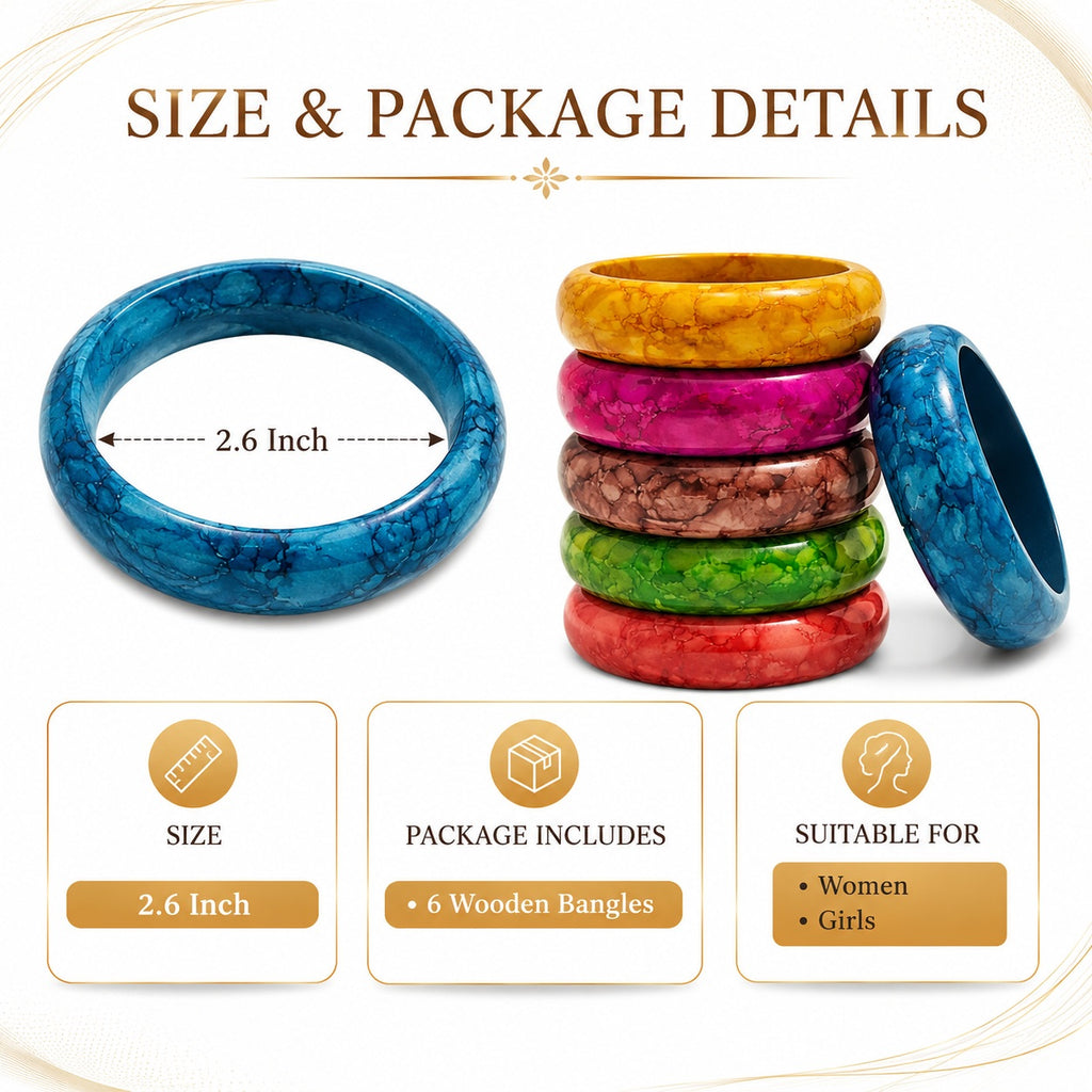 Premium Multi-Color Wooden Bangle Set – 2.5 Inch Glossy Kada Set (Pack of 6)