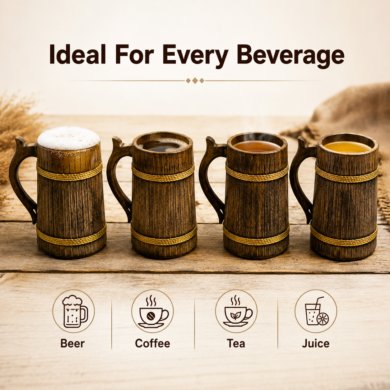 Premium Handcrafted Wooden Beer Mug – 500ml Rustic Tankard for Beer, Coffee & Tea
