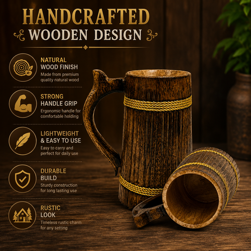 Handcrafted Wooden Beer Mug – 500ml Rustic Tankard | Artisan Gift for Home Bar, Coffee & Tea | Luxeheavenly