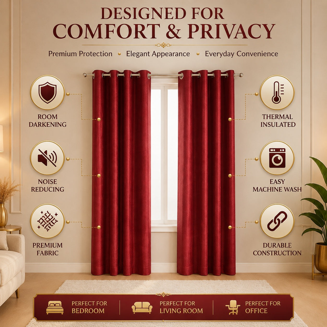 Luxury Burgundy Room Darkening Eyelet Curtains – 7ft (Pack of 2)
