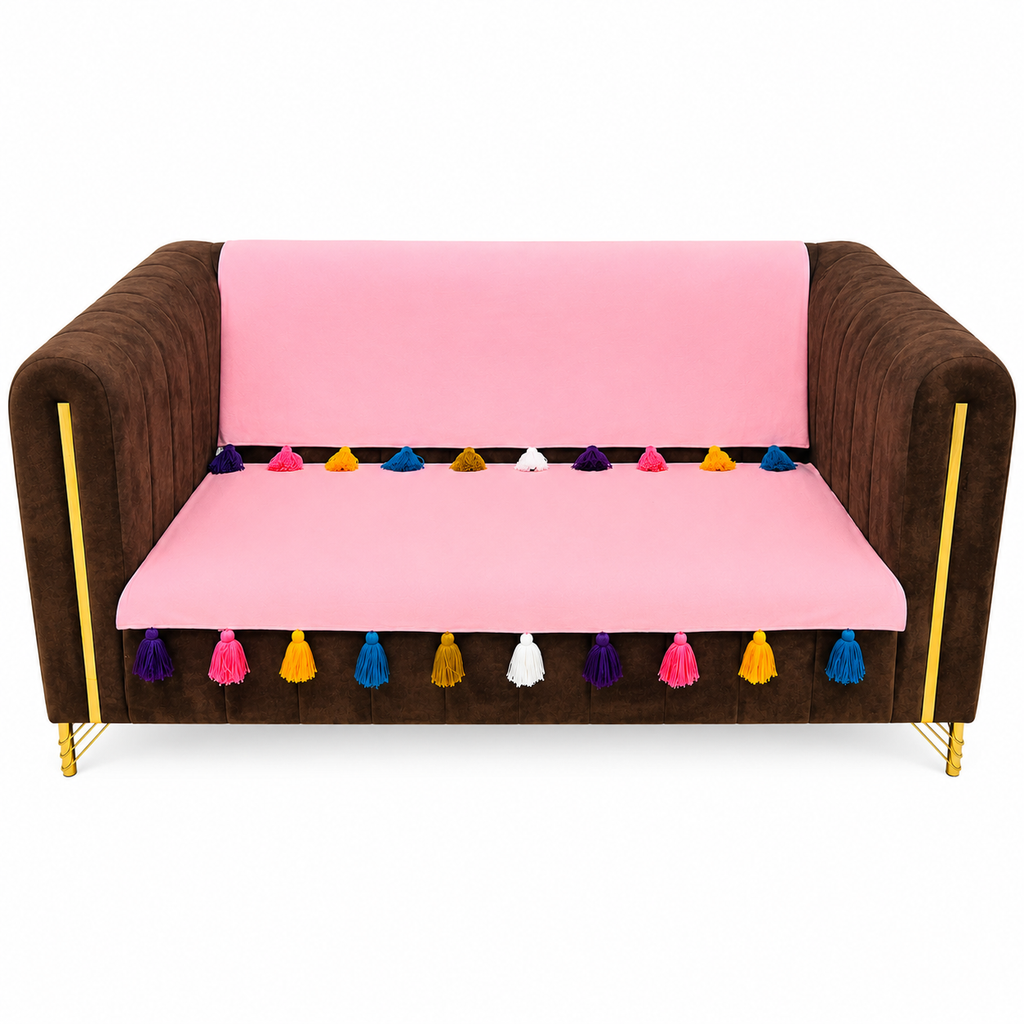 Premium Pink 3-Seater Sofa Cover Set with Multicolor Boho Tassels – Soft Cotton Anti-Slip Furniture Shield