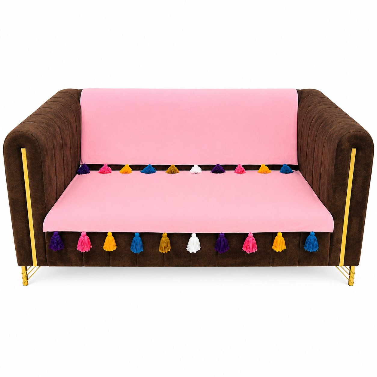 Premium Pink 3-Seater Sofa Cover Set with Multicolor Boho Tassels – Soft Cotton Anti-Slip Furniture Shield