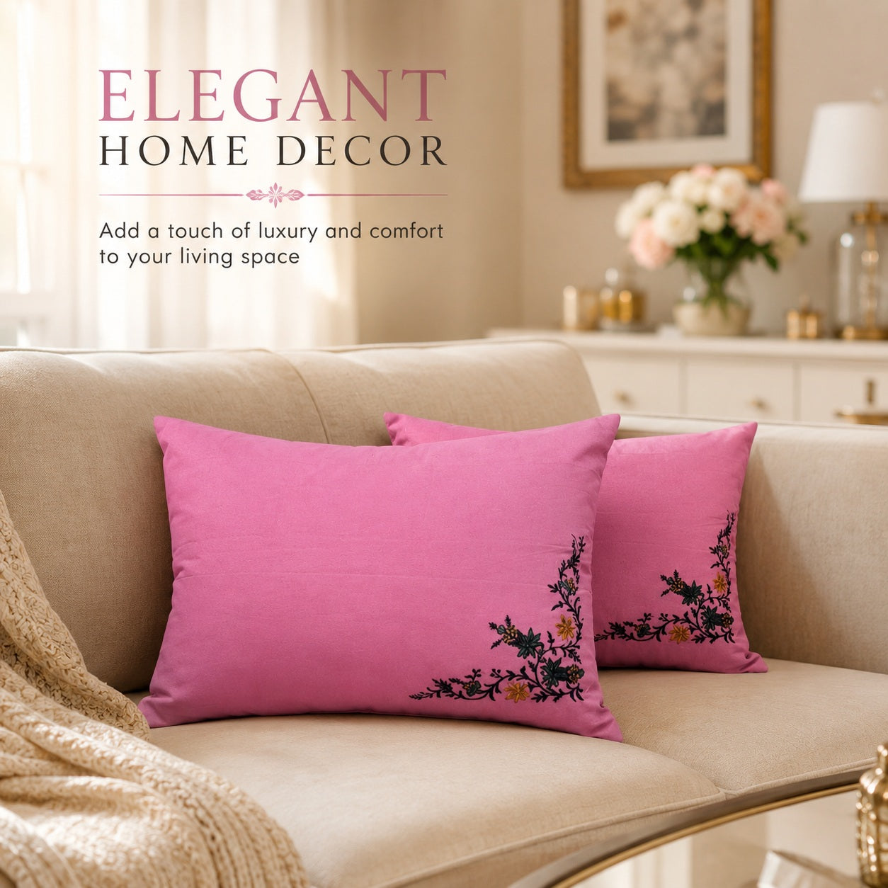 Luxury Floral Embroidered Silk pillow Covers – 27 \times 17 Inch Rectangular Pillowcases (Pack of 2, Vibrant Pink)