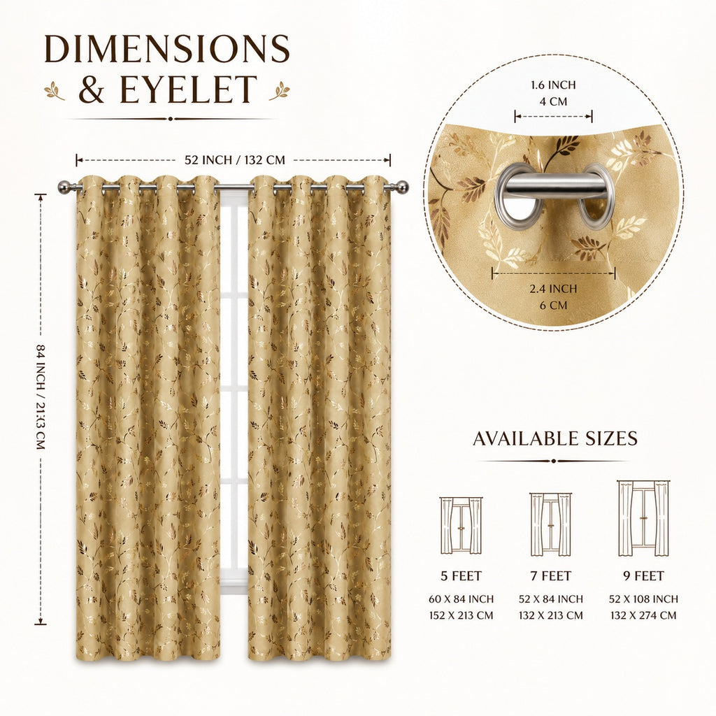 Premium Metallic Gold Foil Leaf Print Curtains – Beige & Gold Light Filtering Drapes