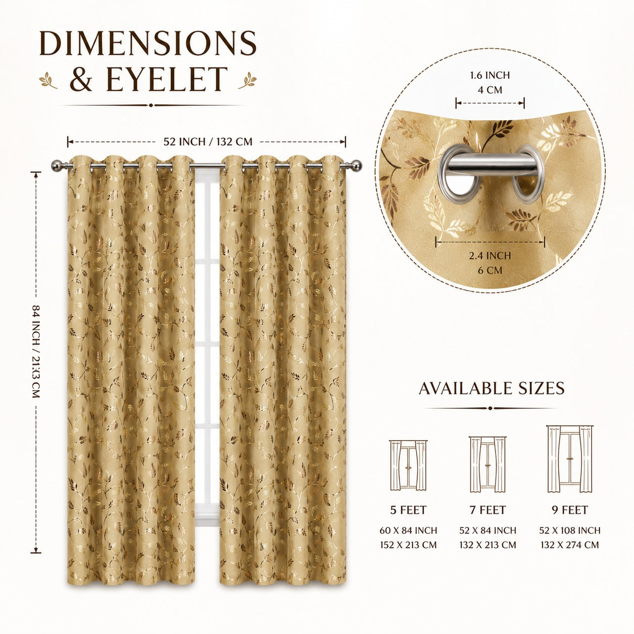 Premium Metallic Gold Foil Leaf Print Curtains – Beige & Gold Light Filtering Drapes
