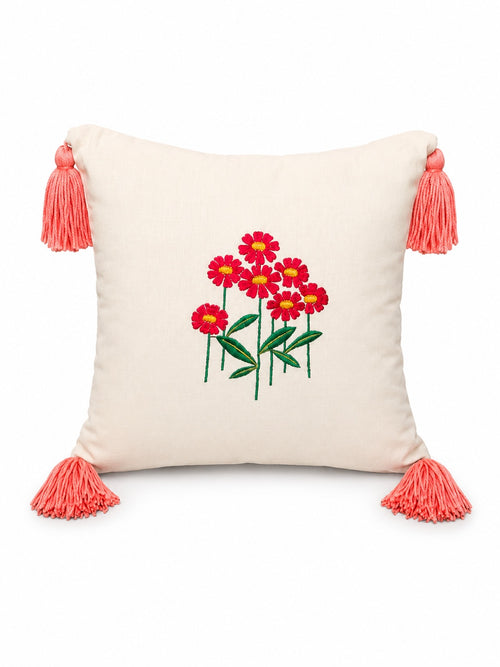 Embroidered Floral Cushion Covers with Tassels (16x16 Inches) | Pack of 3 Cream & Coral Decorative Pillow Cases