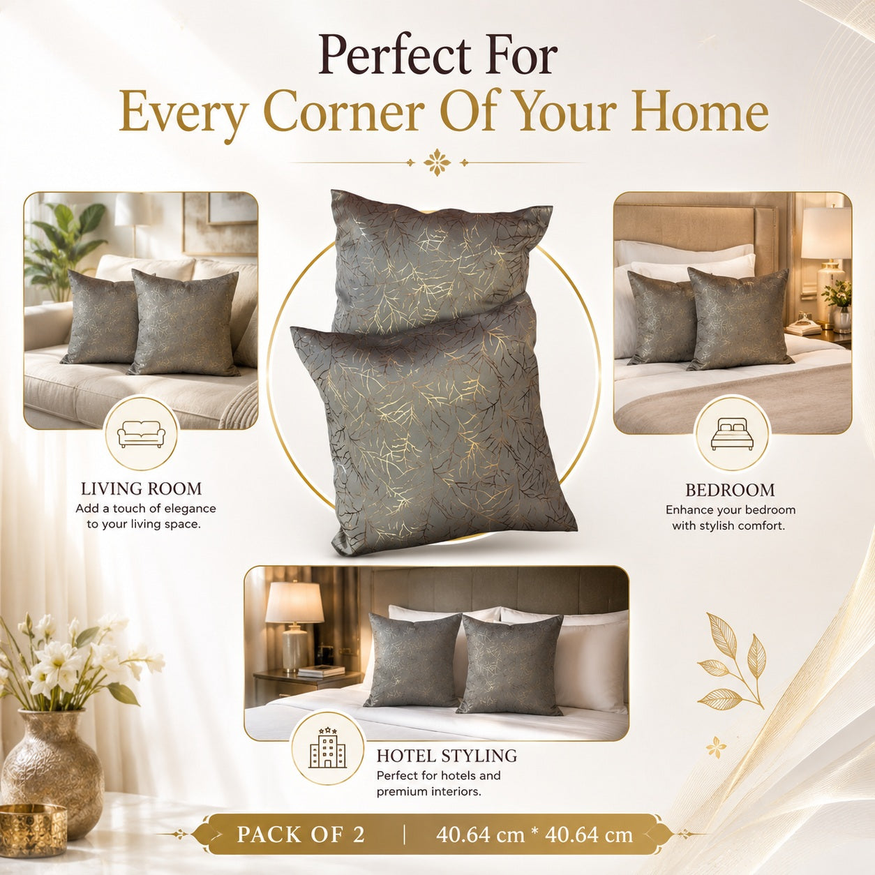 Premium Metallic Leaf Pattern Cushion Covers – 40x40 cm (Pack of 2)