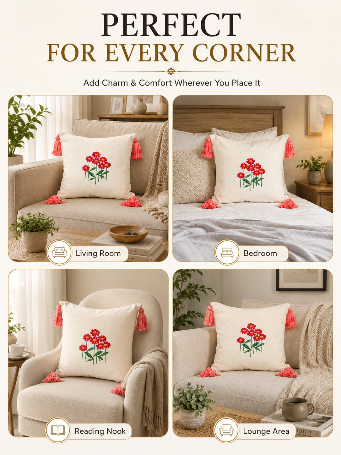 Embroidered Floral Cushion Covers with Tassels (16x16 Inches) | Pack of 3 Cream & Coral Decorative Pillow Cases