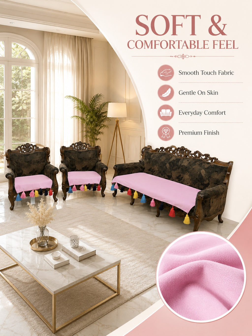 Aesthetic Pastel Pink 5-Seater Sofa Seat Cover Set – Smooth, Gentle on Skin Fabric Protector with Colorful Fringe Accents