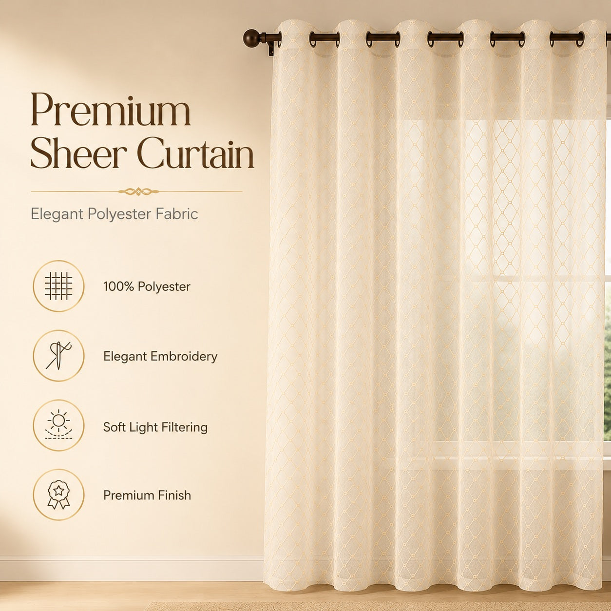 Premium Embroidered Sheer Curtains – Soft Light Filtering Polyester Drapes