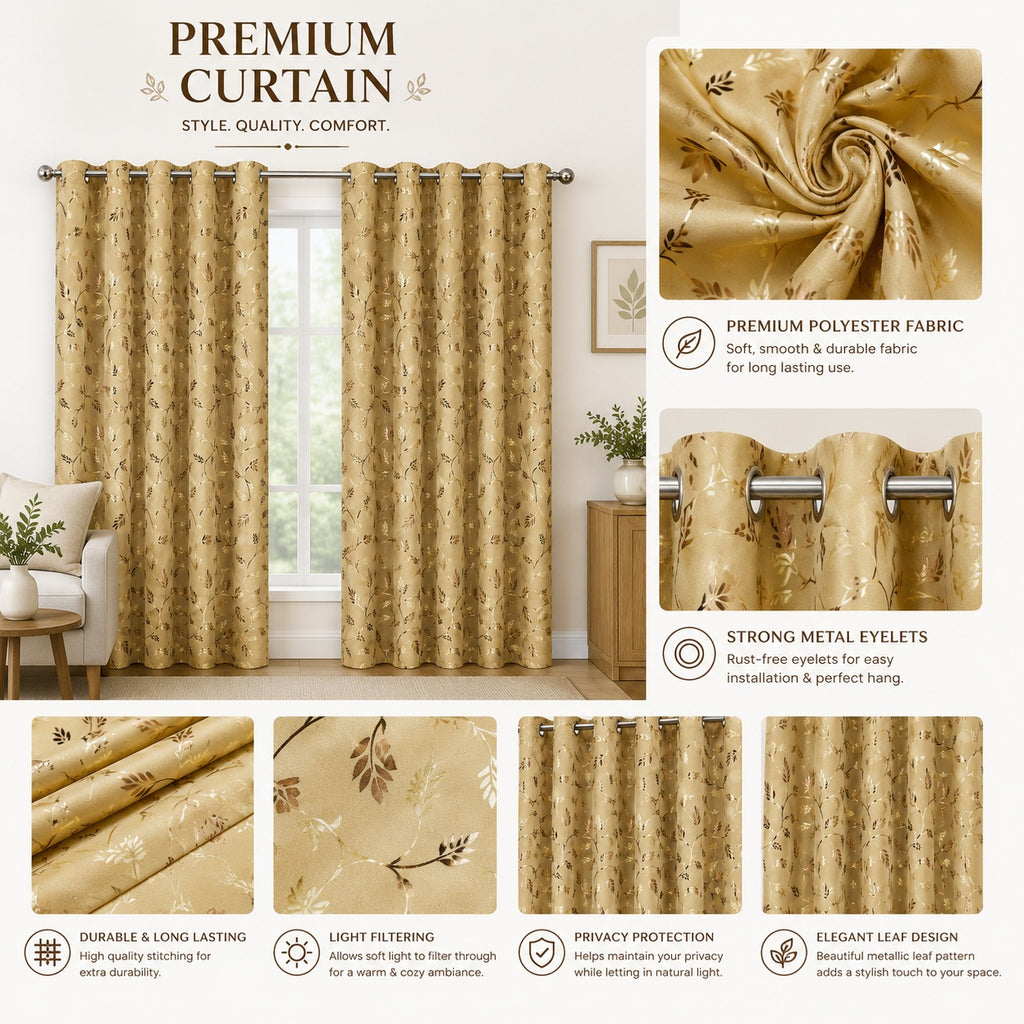Premium Metallic Gold Foil Leaf Print Curtains – Beige & Gold Light Filtering Drapes