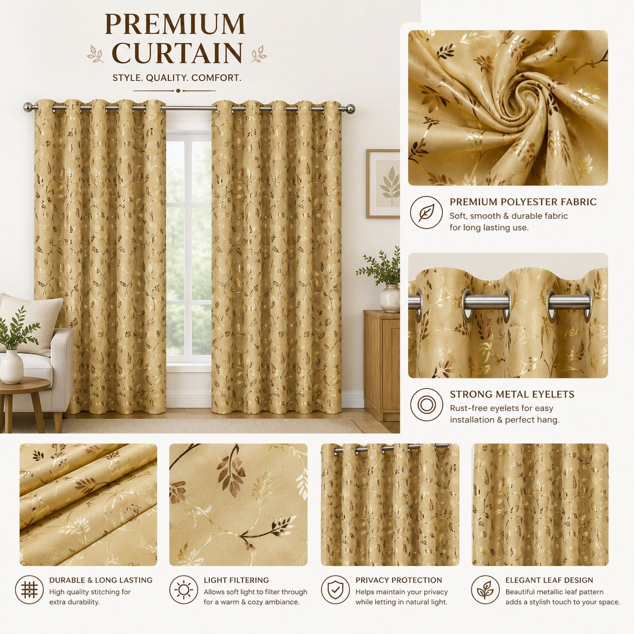 Premium Metallic Gold Foil Leaf Print Curtains – Beige & Gold Light Filtering Drapes