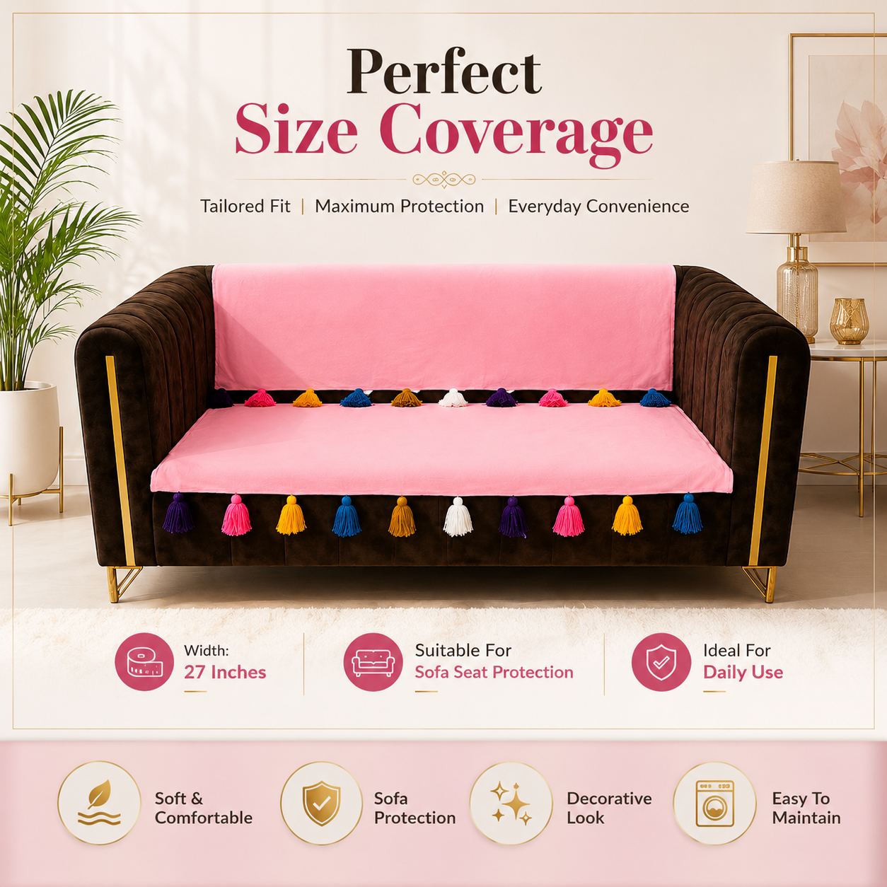 Premium Pink 3-Seater Sofa Cover Set with Multicolor Boho Tassels – Soft Cotton Anti-Slip Furniture Shield
