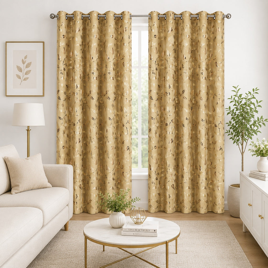 Premium Metallic Gold Foil Leaf Print Curtains – Beige & Gold Light Filtering Drapes