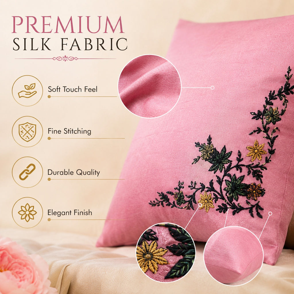 Luxury Floral Embroidered Silk pillow Covers – 27 \times 17 Inch Rectangular Pillowcases (Pack of 2, Vibrant Pink)