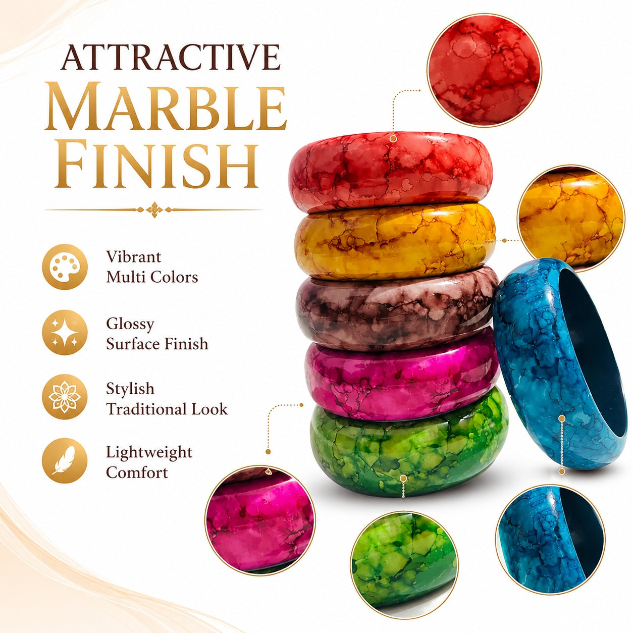Premium Multi-Color Wooden Bangle Set – 2.5 Inch Glossy Kada Set (Pack of 6)