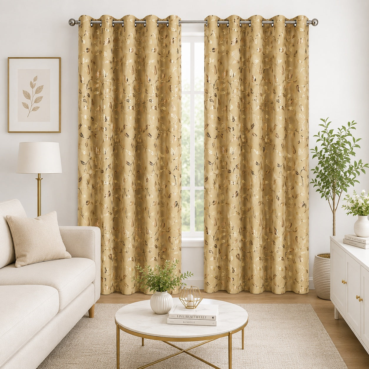 Premium Metallic Gold Foil Leaf Print Curtains – Beige & Gold Light Filtering Drapes