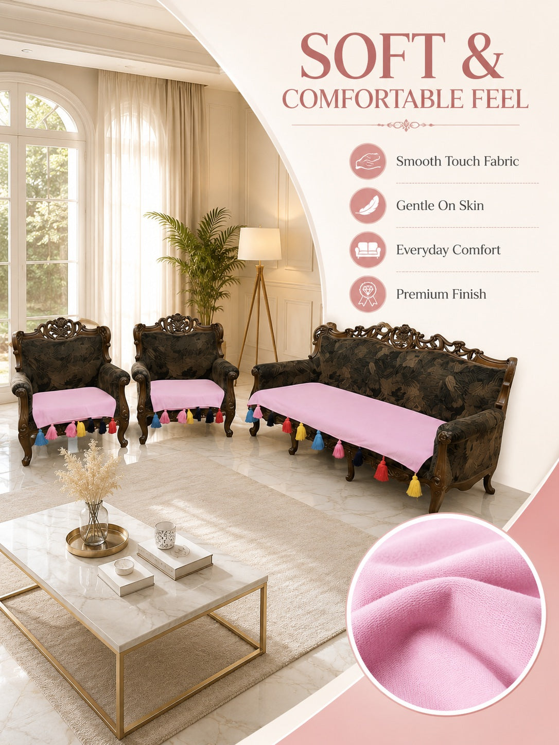 Aesthetic Pastel Pink 5-Seater Sofa Seat Cover Set – Smooth, Gentle on Skin Fabric Protector with Colorful Fringe Accents