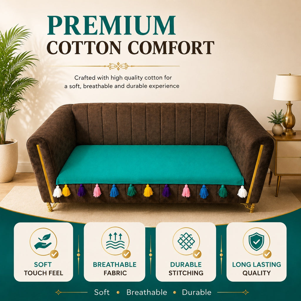 Premium Cotton 3-Seater Sofa Cover with Colorful Tassel Trim – Breathable & Durable Couch Protector
