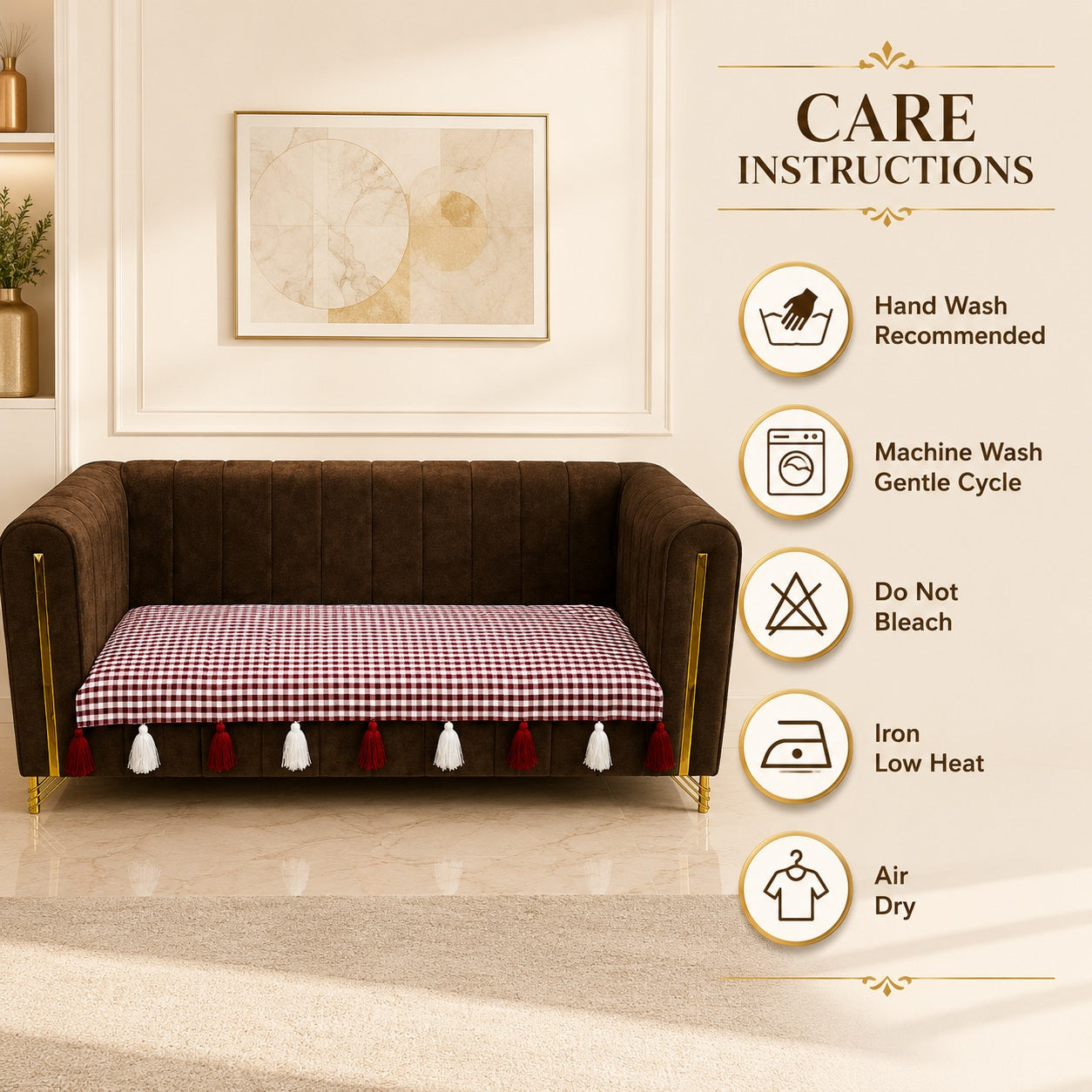 Premium Gingham Checkered Sofa Cushion Cover with Decorative Tassels – Non-Slip Cotton Blend Couch Protector Mat